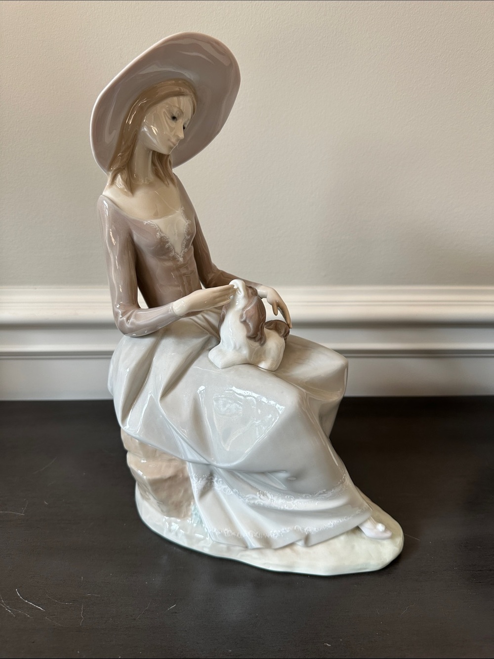 Lladro Porcelain Seated Girl with Dog in Soft Beige and White Glaze